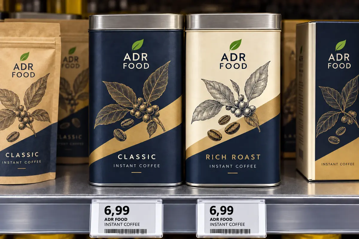 ADR Food branded instant coffee products on a supermarket shelf