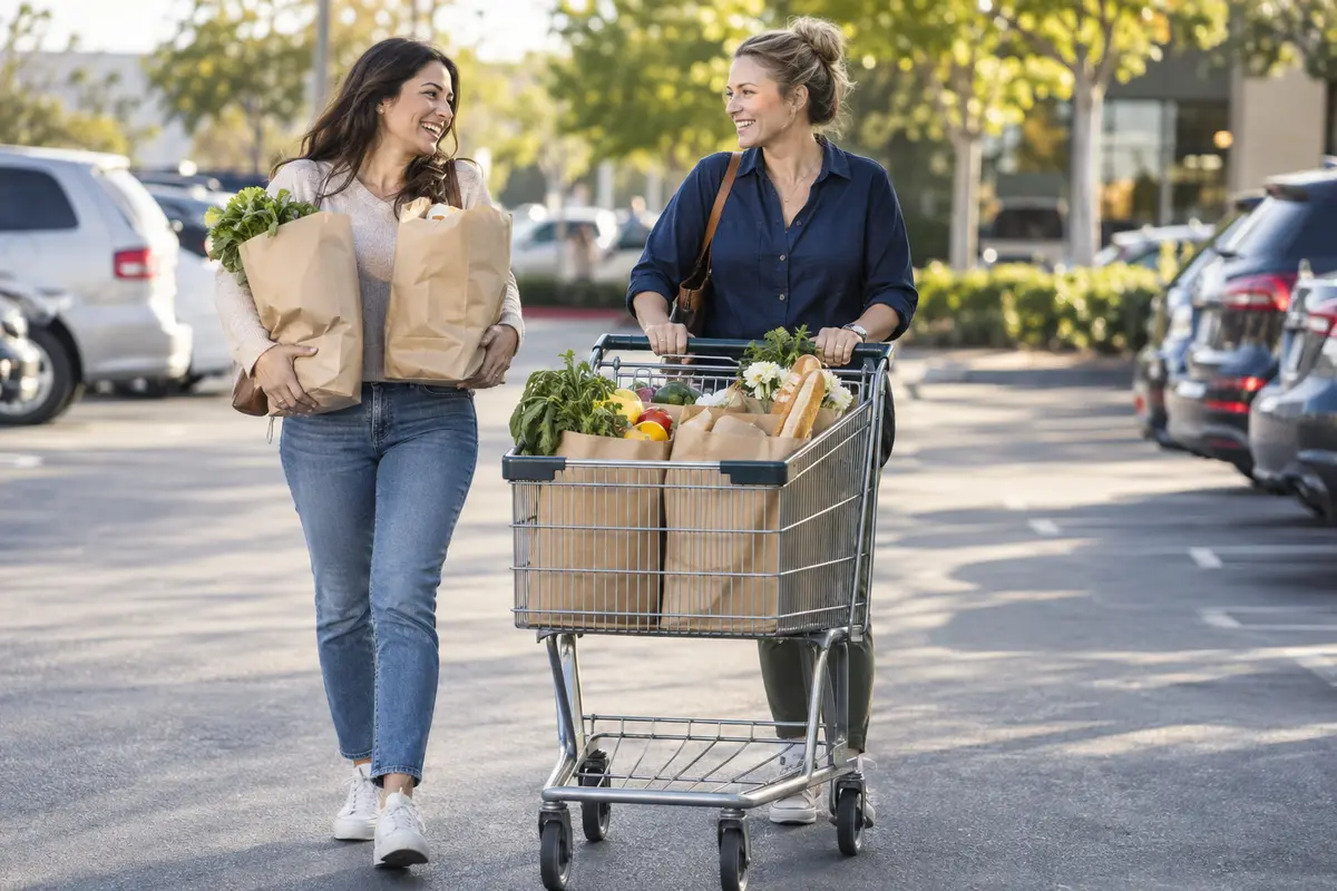 Customers leaving a supermarket with a full grocery cart